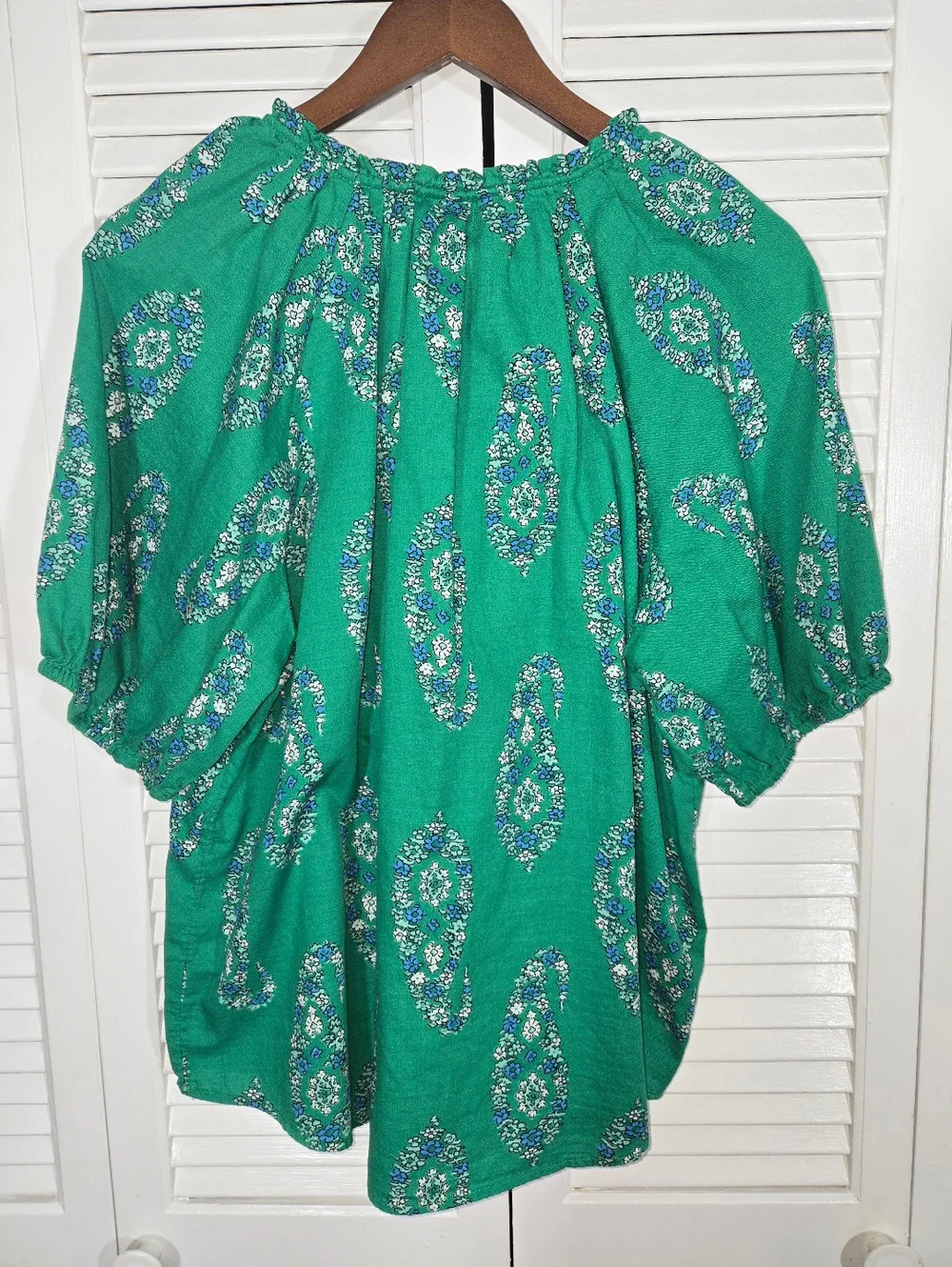 Knox Rose Green White Blue Paisley Boho V Neck Tassel Puff Sleeve Top Sz XL - Picture 4 of 4